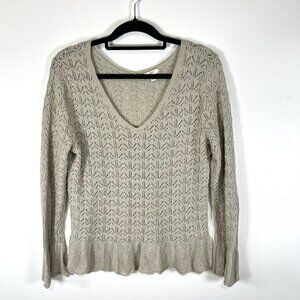 J. Jill Women's Crochet Knit Top M Tan Ruffle Bell Sleeve Cotton Boho Fairy Boho